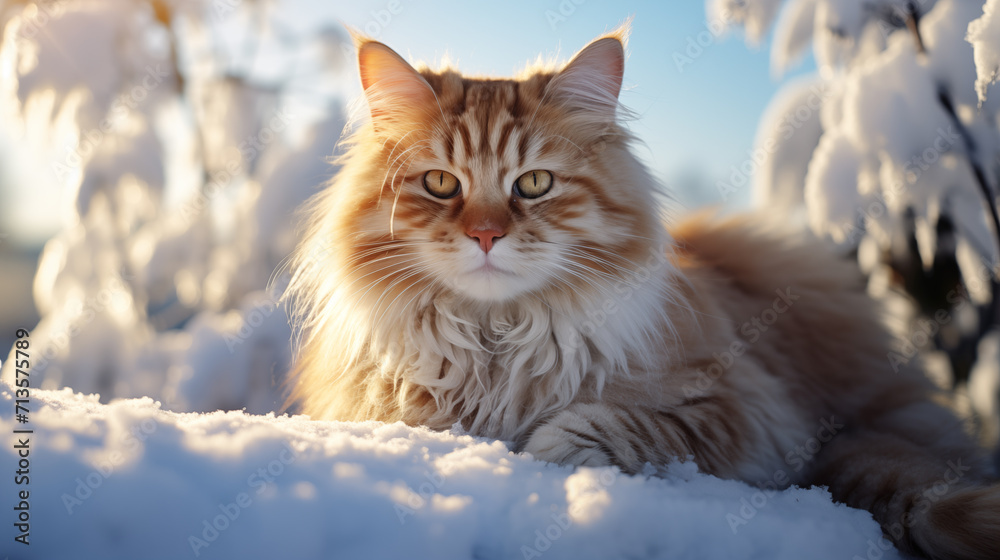 Adorable ginger fluffy cat, sitting on snow, in beautiful winter landscape