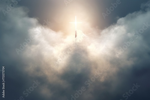 minimalistic design Resurrection - Light Cross Shape In Clouds - Risen - Jesus Ascends to Heaven Scene