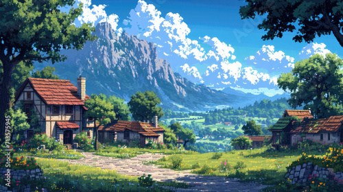 A gamer style pixel background of a relaxing village in a valley