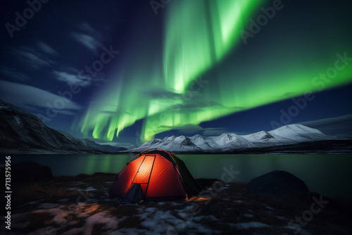 Arctic Oasis: Tent Beneath the Dazzling Northern Lights, a Vibrant Haven in the Wilderness Night Sky