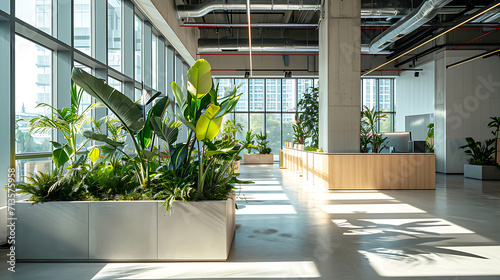 Um espaço de escritório moderno com design minimalista apresenta grandes janelas do chão ao teto que permitem a entrada abundante de luz natural photo