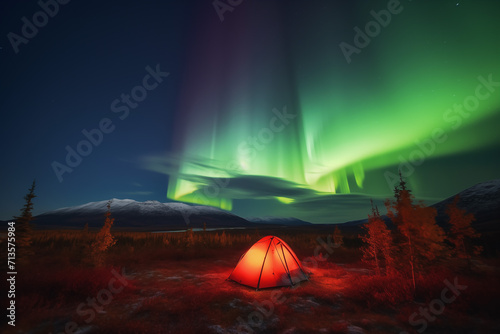 Arctic Aura: Camping Beneath the Northern Lights, a Tent Amidst the Radiant Dance of Vibrant Colors in the Wilderness Night Sky