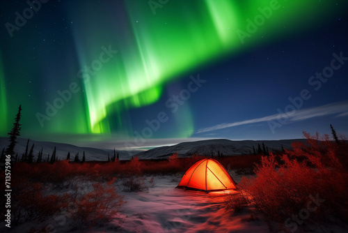 Arctic Oasis: Tent Nestled Beneath the Dazzling Northern Lights, Embracing the Tranquil Beauty of the Arctic Wilderness