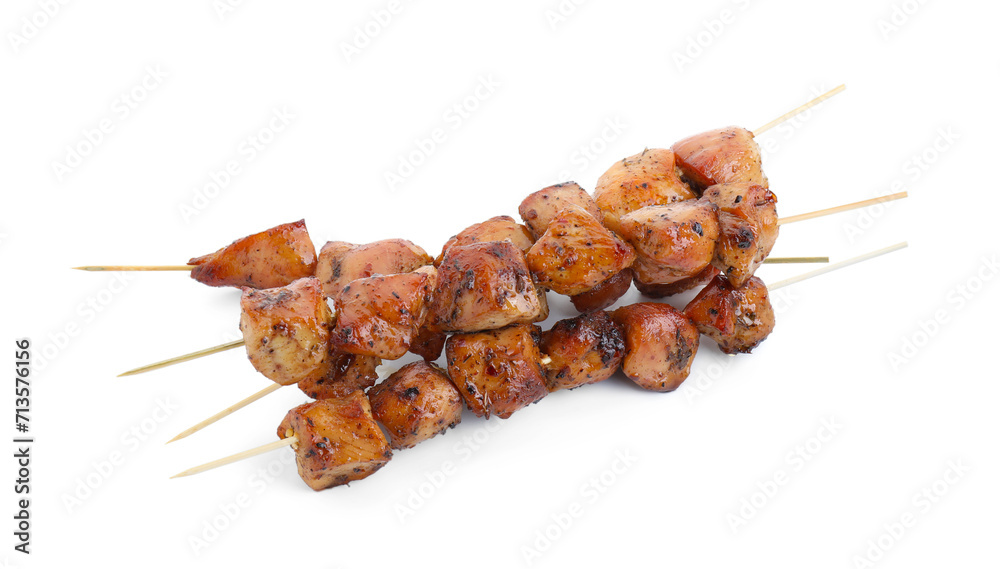 Delicious shish kebabs isolated on white, above view