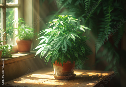Cannabis plant on wooden table. An aesthetically pleasing potted plant sits atop a wooden table  bringing a touch of nature and beauty to any space.