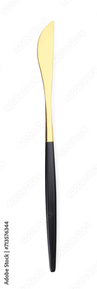 One shiny golden knife with black handle isolated on white, top view One shiny golden knife with black handle isolated on white, top view