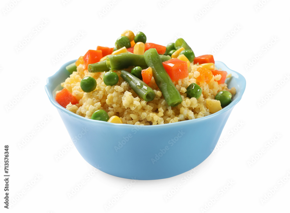 Tasty millet porridge with vegetables in bowl isolated on white