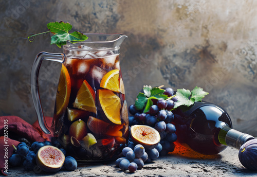 Red sangria with orange slices and ice cubes