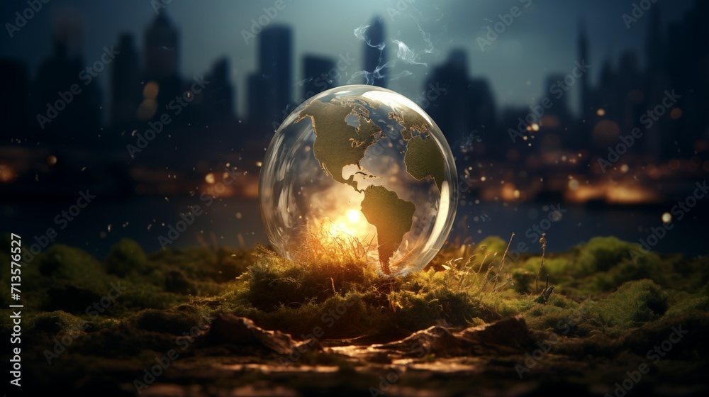 Planet earth in a crystal ball on the background of the city. 3d ...