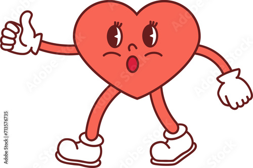 Valentines day card, character, cheerful smiling heart to go. Funny mascot on white background.