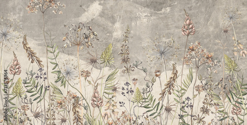 Art drawing in vintage style in light beige tones, wallpaper on which dried flowers are depicted, texture background. #713576964