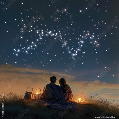 two lovers romantic night couple looking at stars in the sky sitting on green grass field , ultra wide, pragma