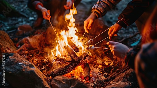 Friends toasting marshmallows over a campfire in their hands