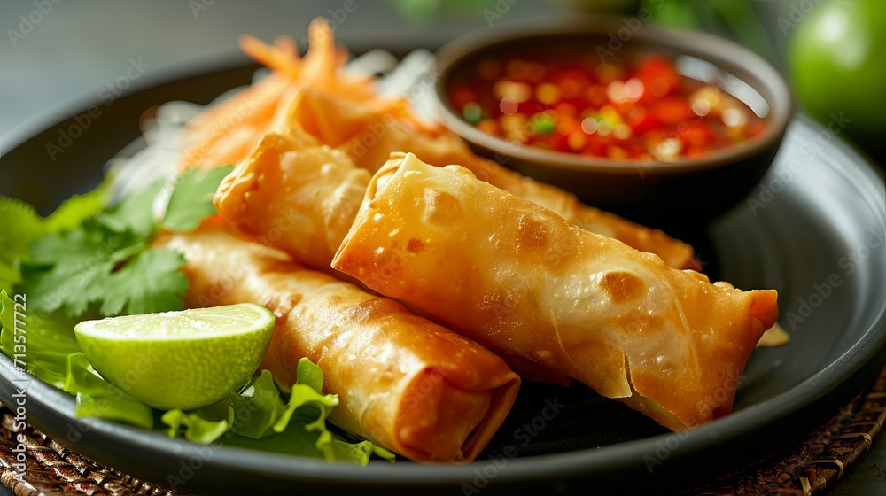 Fried spring rolls served with lime and sweet chili sauce. Fried spring rolls served with lime and sweet chili sauce.