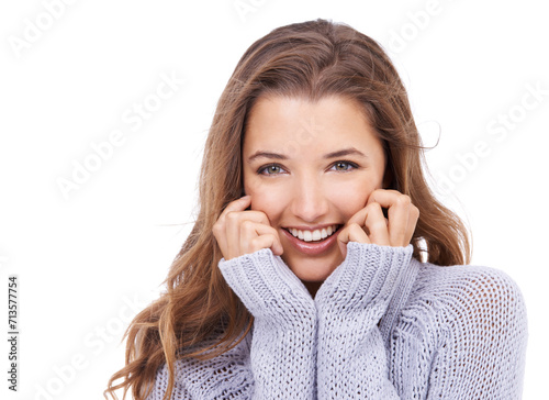 Woman, happy and cosmetics in studio portrait, smiling and confidence for winter fashion on white background. Female person, makeup and pride for beauty, satisfaction and positive attitude for hair