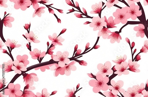 Cherry blossoms flowers in blooming on branch on pink background. Spring and romantic Sakura  apple tree. White isolated background