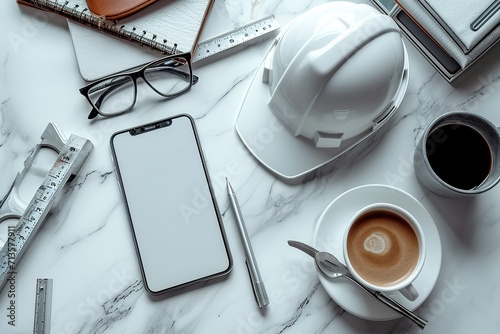 Smartphone,coffee,glasses and safety helmet on white table background. Top view with copy space