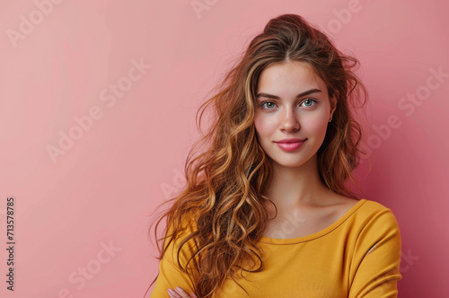 Women’s Day Vibrance: Obscured Figure in Yellow Top Against Pink Background 