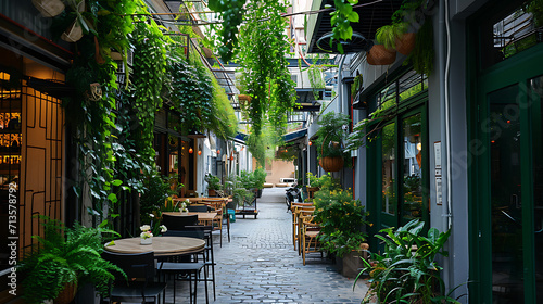 Uma rua estreita da cidade é alinhada com cafés e lojas modernas suas fachadas adornadas com vegetação exuberante e plantas pendentes photo