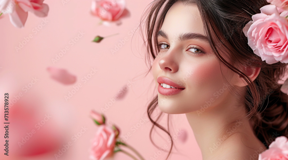 Women’s Day Romance: Blurred Figure Surrounded by Floating Pink Roses and Petals
