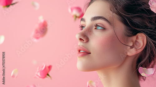 Serene Beauty with Petals, Youthful Female Profile on Pink Backdrop - Women's Day
