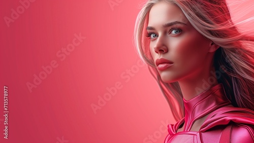 Women’s Day Energy: Obscured Figure in Metallic Pink Outfit Against Vibrant Red 