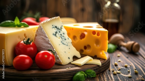 The background displays a variety of cheeses, presenting delicious pieces of different types.
