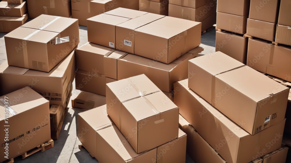 Large industrial warehouse with high racks. In the foreground are a lot of cardboard boxes.Ai generative Large industrial warehouse with high racks. In the foreground are a lot of cardboard boxes.Ai generative