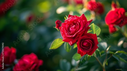 two red roses in blooming garden  spring  summer  
