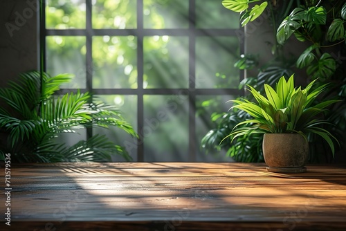 wood table background with sunlight window create leaf shadow on wall with blur indoor green plant foreground