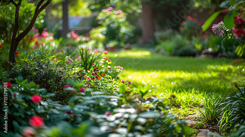 Um jardim tranquilo banhado pela suave luz do sol exibe uma variedade de exuberantes folhagens verdes e flores coloridas