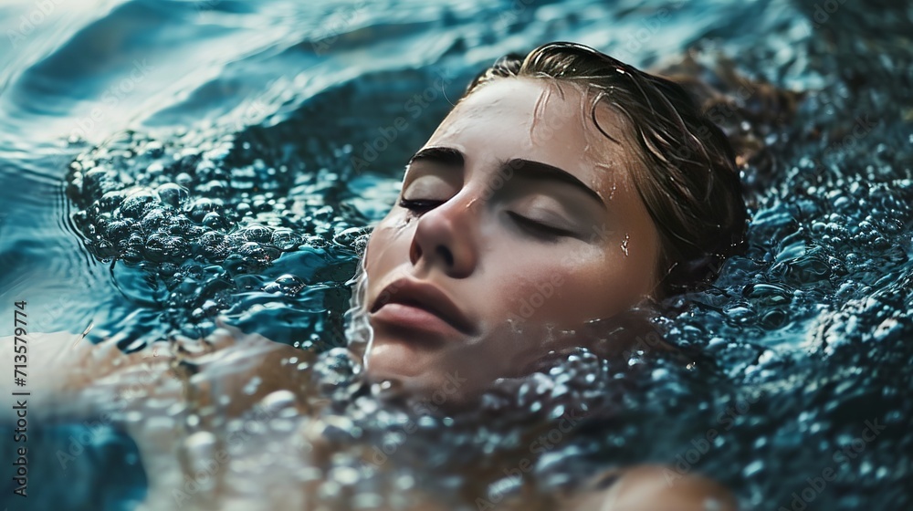 Fototapeta premium Mental well-being, a serene, melancholic woman drifting in water, and indifference