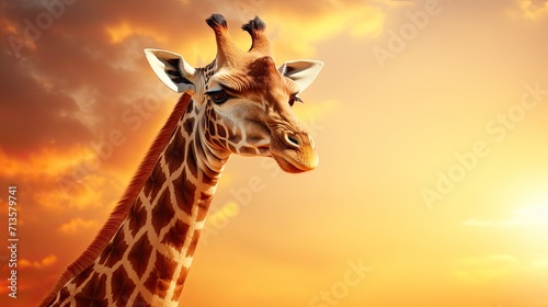 Portrait of Cute giraffe. Portrait of funny animal sunset background. Generative AI  © anna