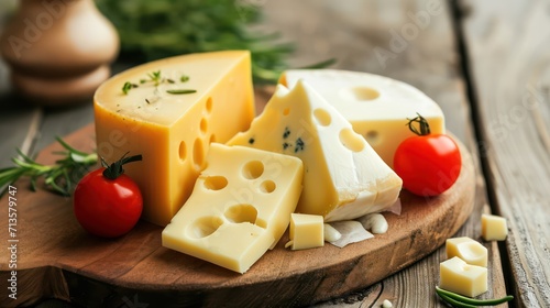The background displays an array of cheeses, presenting delectable pieces of various types.
