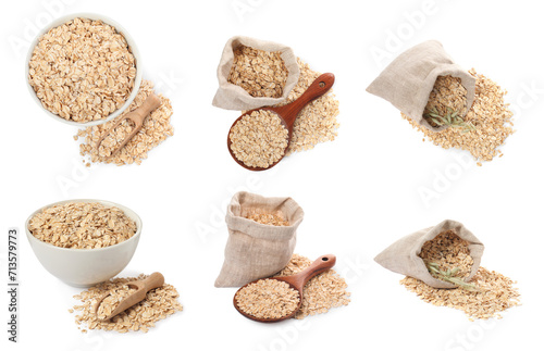 Rolled oats in bowl and bags isolated on white, top and side views