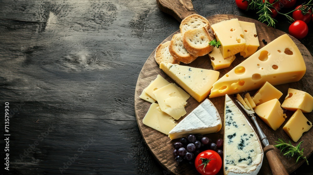 Various types of delectable cheeses are featured in the background ...