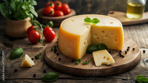 The background showcases an assortment of cheese, featuring delectable pieces of various types