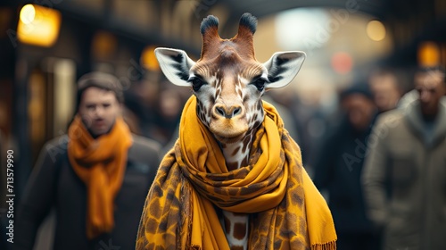 Cute giraffe wearing knitted scarf on neck. Portrait of funny animal in the city crowd. Generative AI