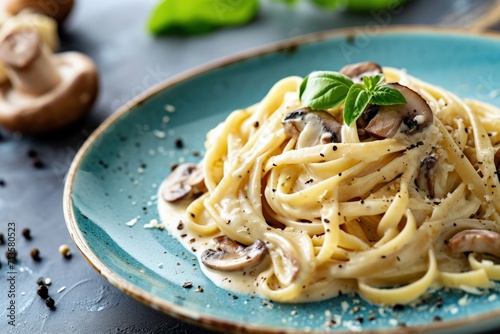 Blue Plate With Pasta and Mushrooms