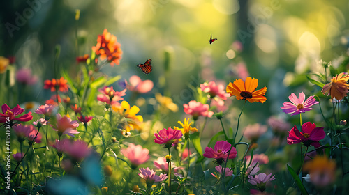 Um jardim tranquilo repleto de flores e folhagem coloridas banhado pelo sol com borboletas e uma suave brisa carregando o doce cheiro das flores photo