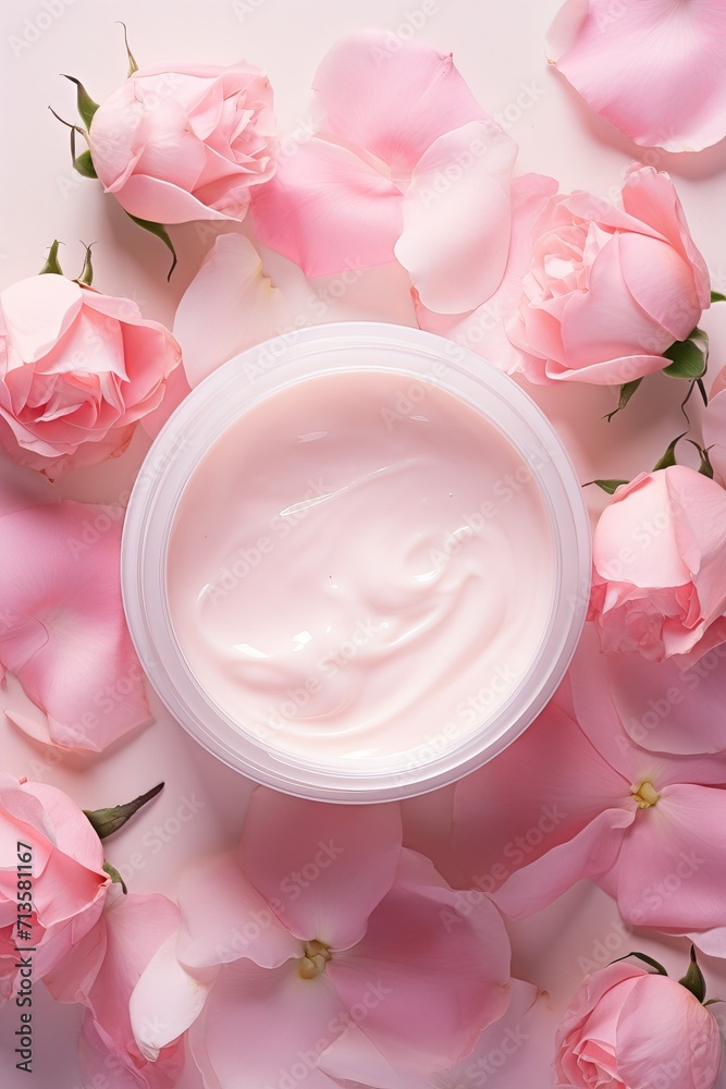 View of pink roses and petals from above. Natural cosmetic idea with pink roses and petals View of pink roses and petals from above. Natural cosmetic idea with pink roses and petals