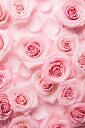 View of pink roses and petals from above. Natural cosmetic idea with pink roses and petals