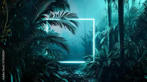 Jungle creative neon light  cyber frame on fresh palm leaves with copy space. Urban  futuristic background concept. Flat lay.