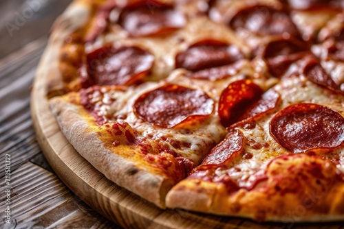 Close Up of Pepperoni Pizza on Wooden Board