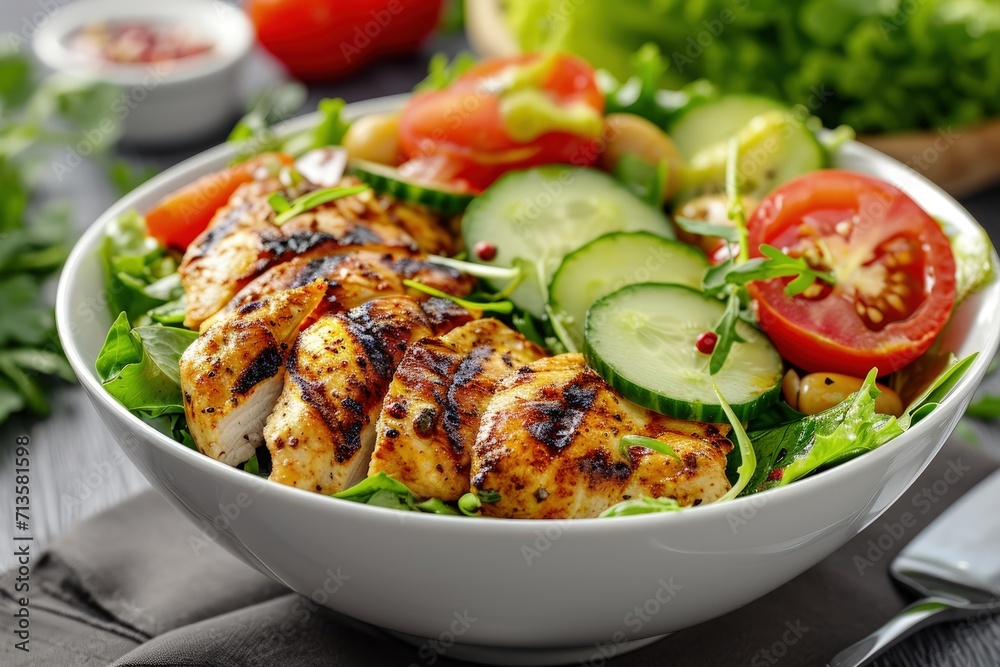 Salad With Chicken, Cucumbers, Tomatoes, and Lettuce