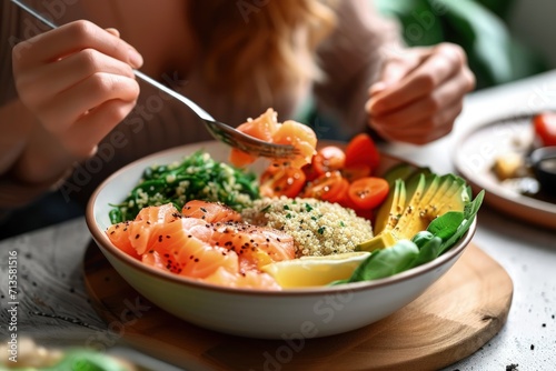 Woman Eating Bowl of Food With Fork
