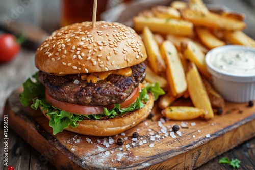 Hamburger and French Fries on Cutting Board