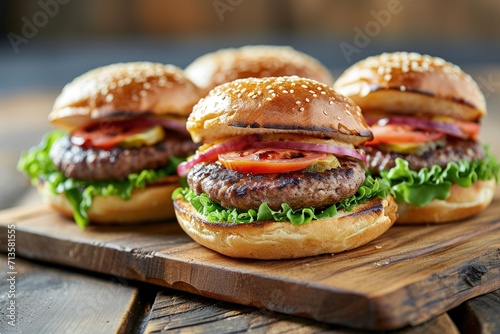 Three Hamburgers With Lettuce and Tomato on Cutting Board