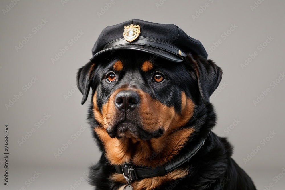 Fototapeta premium Perro rottweiler con gorra de policía sobre fondo gris