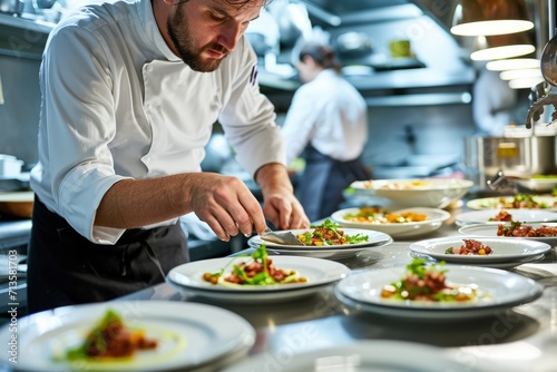 Man Preparing Food on Plates in Kitchen